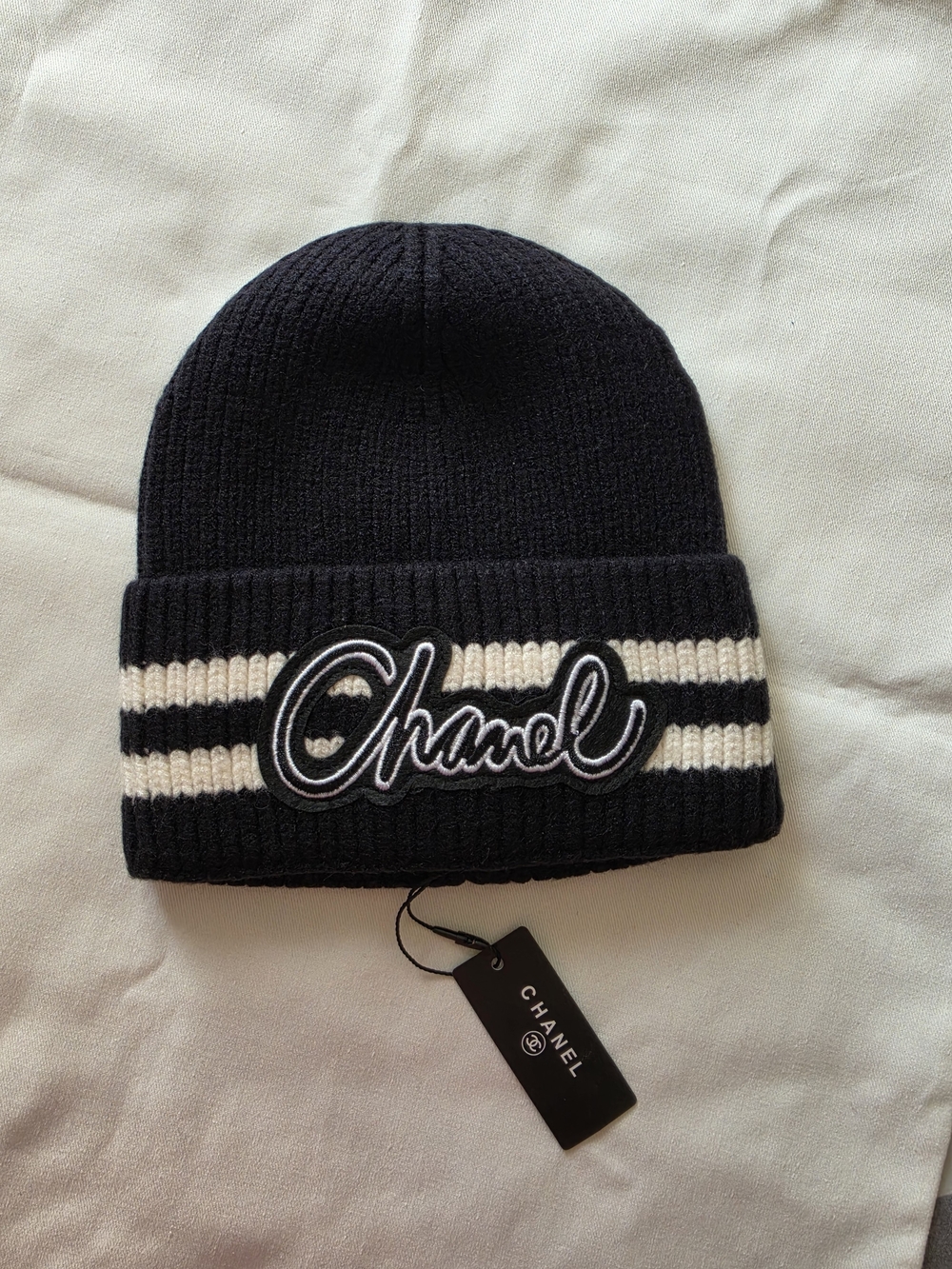 Black & White Ribbed Knit Beanie with Script Patch